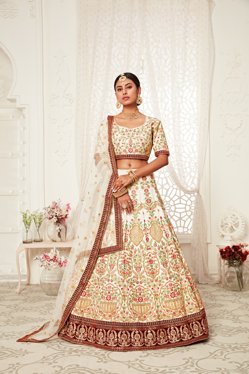 White Color Art Silk Sequins Embroidery Lehenga