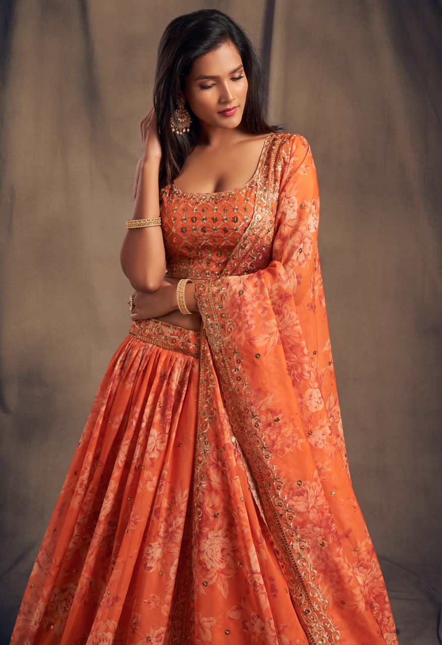 Orange Color Sequins Zari Embroidery Lehenga