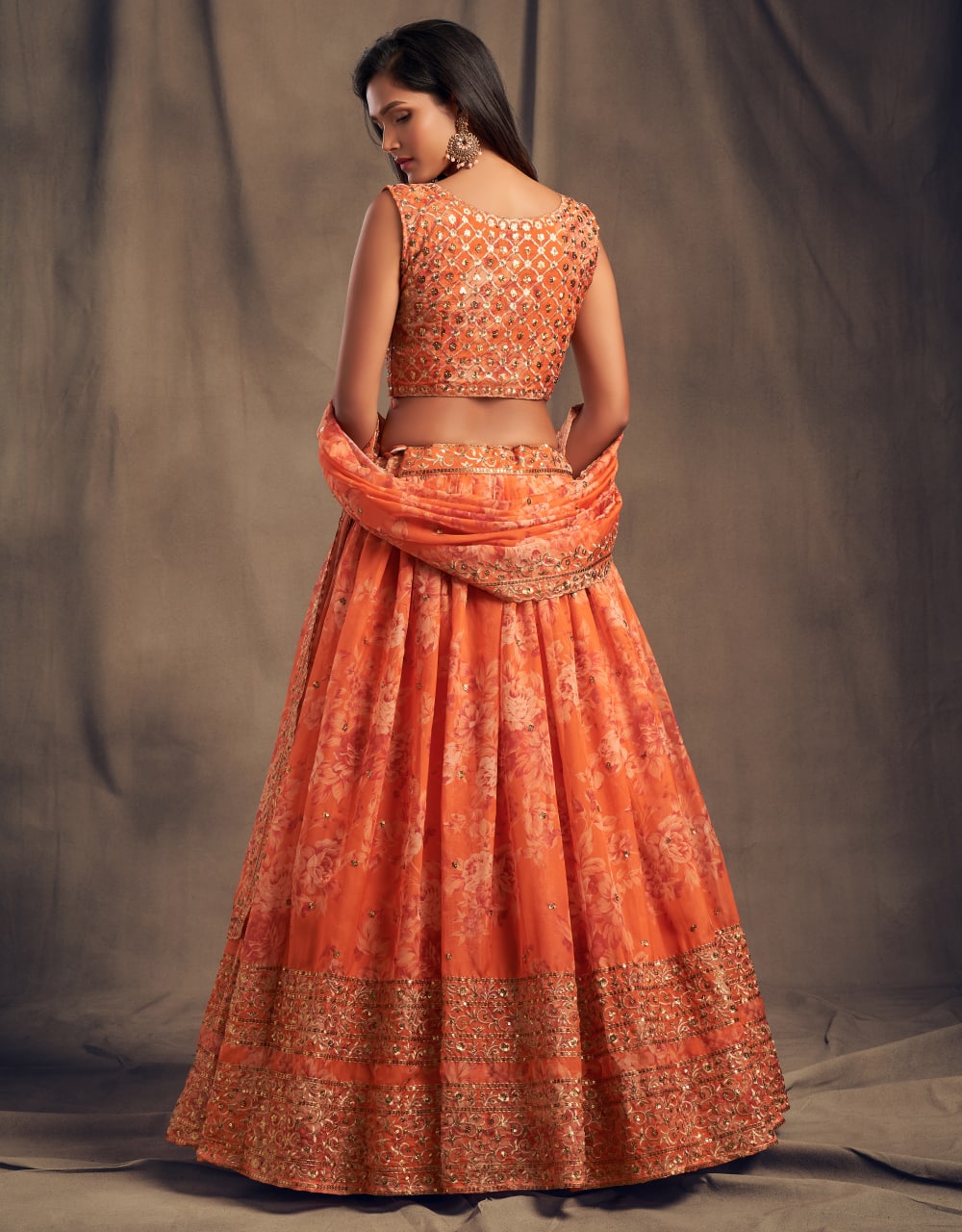 Orange Color Sequins Zari Embroidery Lehenga