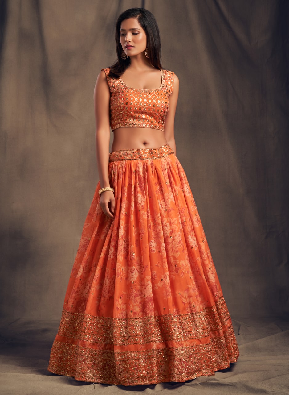 Orange Color Sequins Zari Embroidery Lehenga