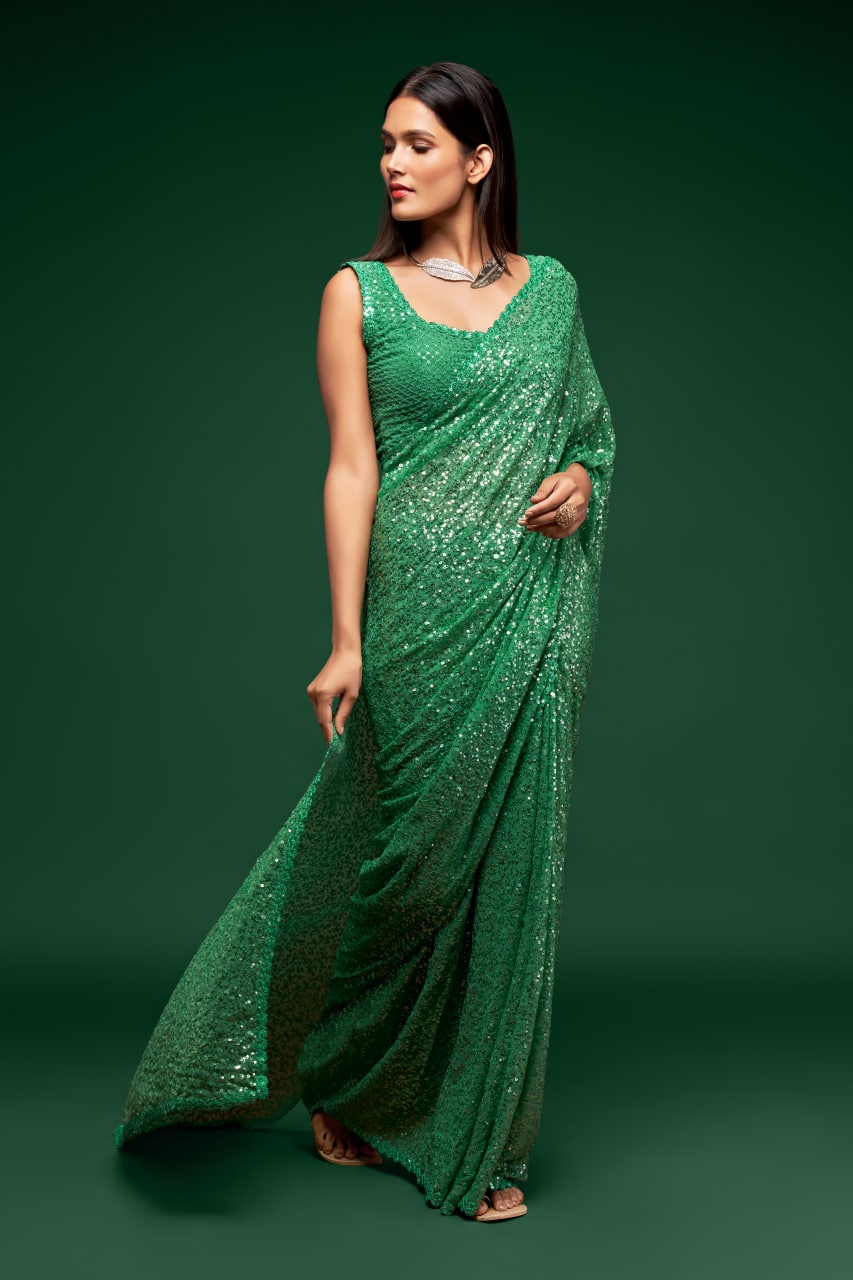 Green Color Sequined Georgette Party Wear Saree