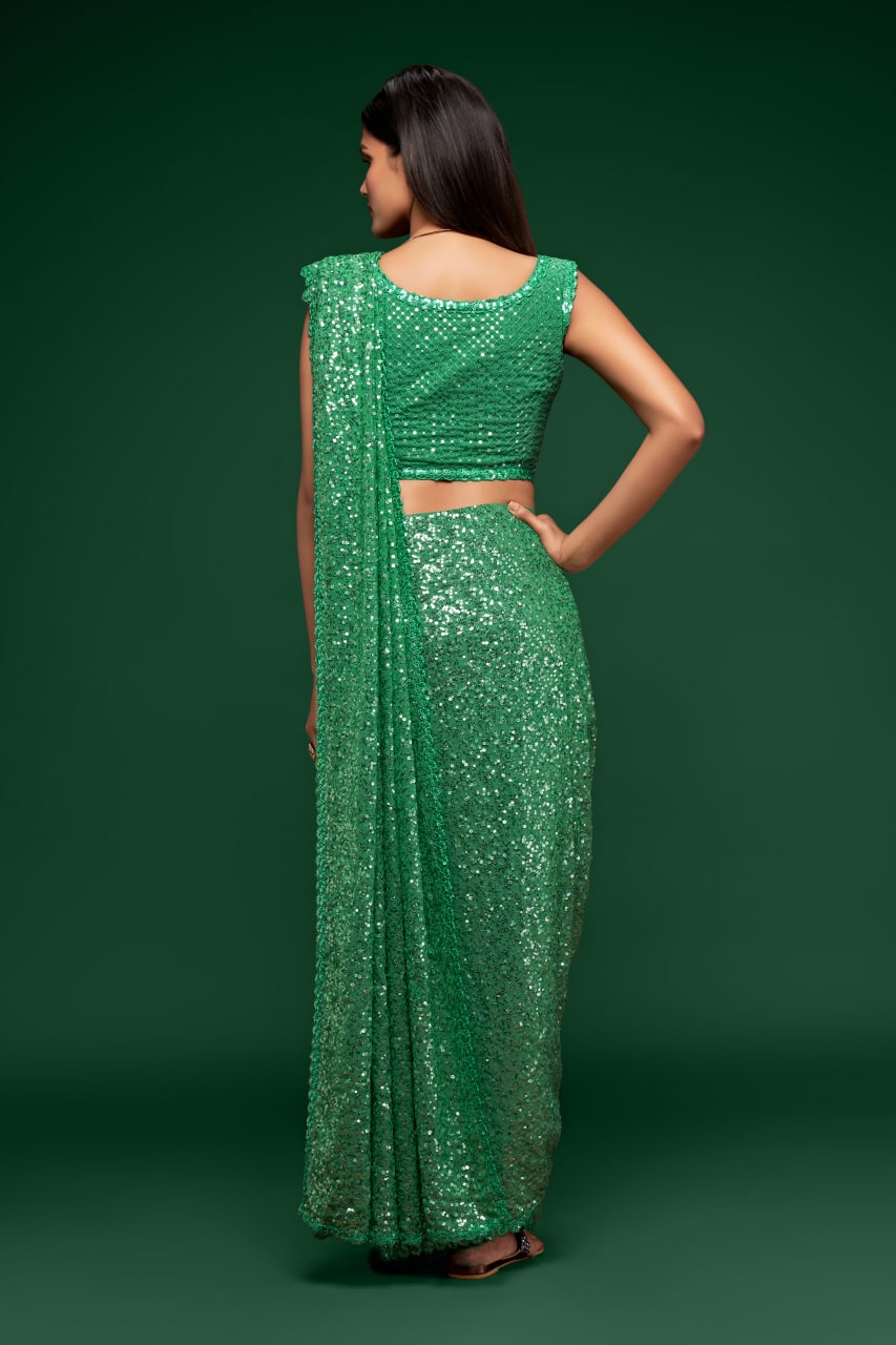 Green Color Sequined Georgette Party Wear Saree