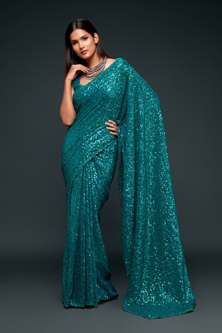 Teal Blue Color Sequined Georgette Party Wear Saree