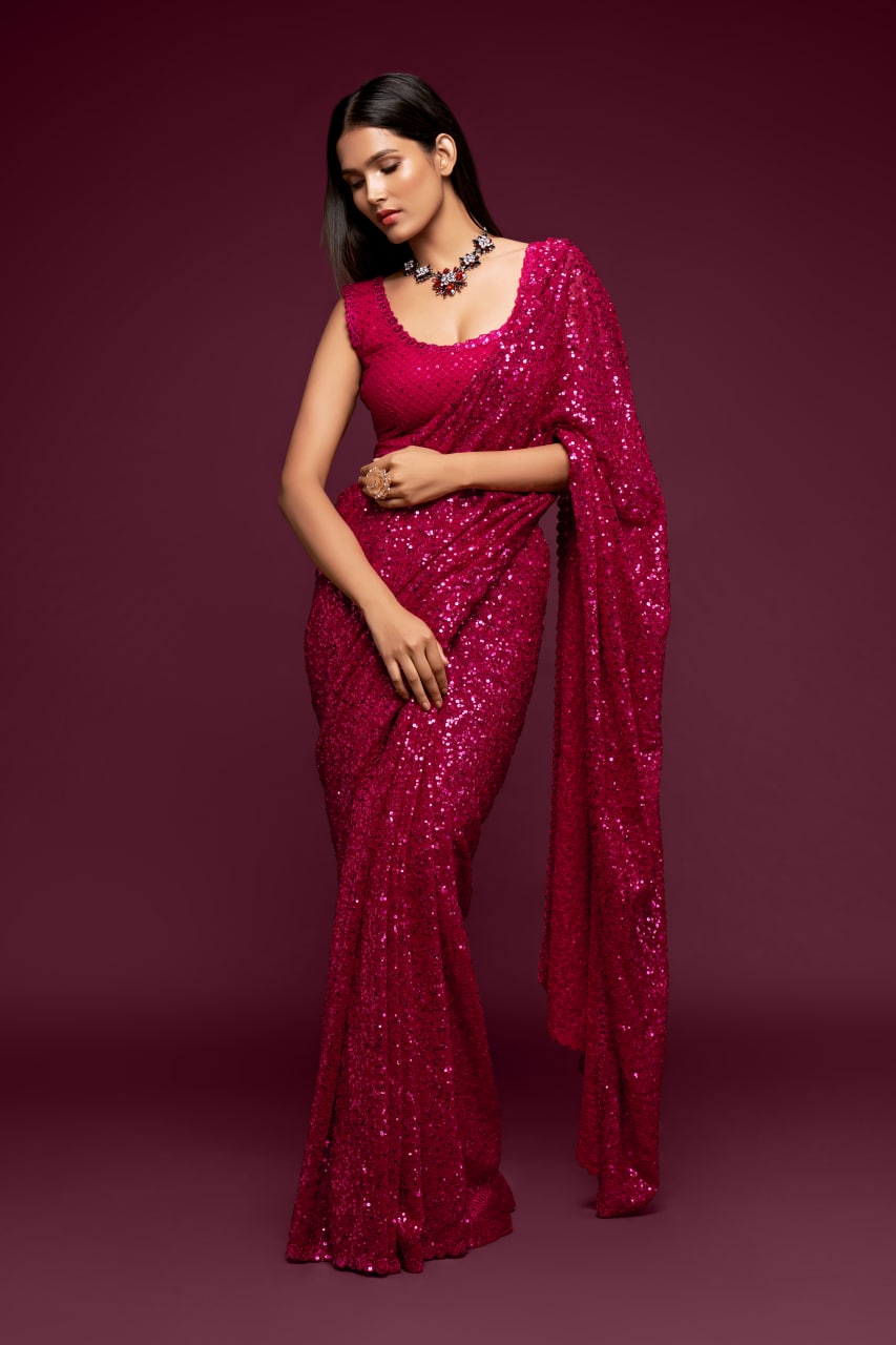 Hot Pink Color Sequined Georgette Party Wear Saree