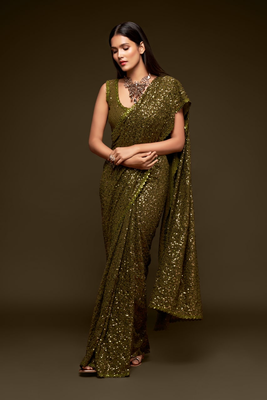 Olive Green Color Sequined Georgette Party Wear Saree