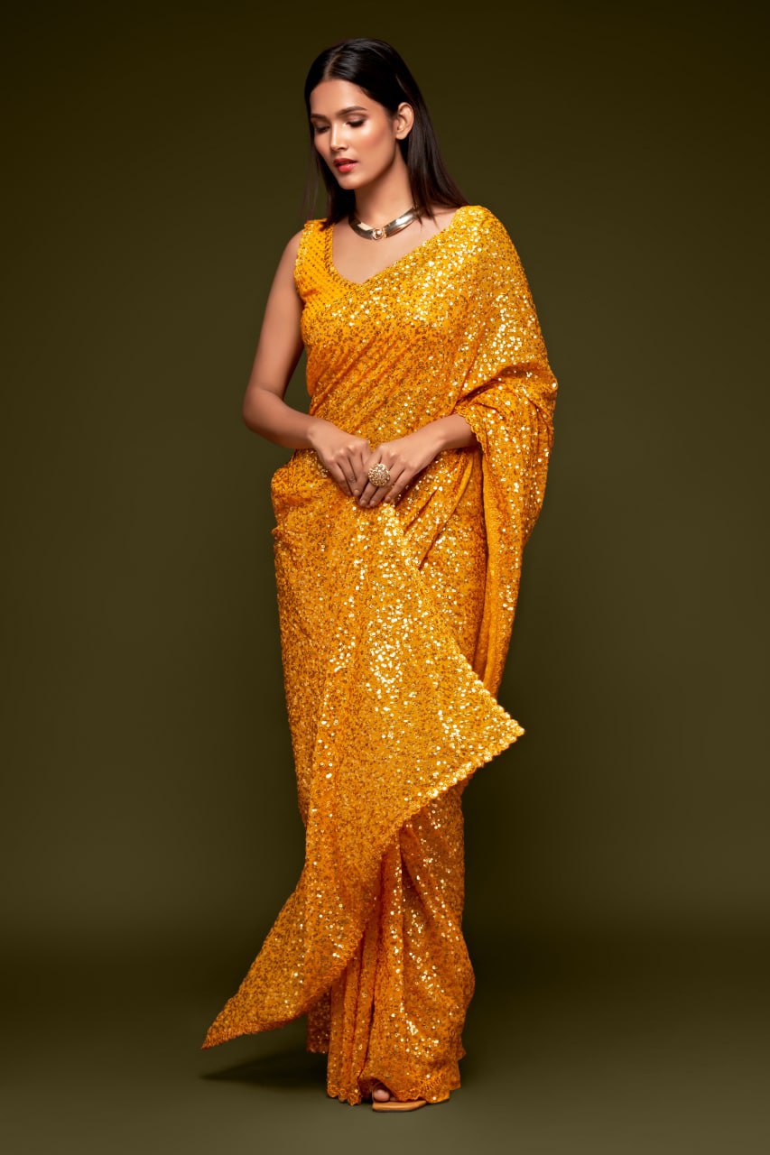 Yellow Color Sequined Georgette Party Wear Saree