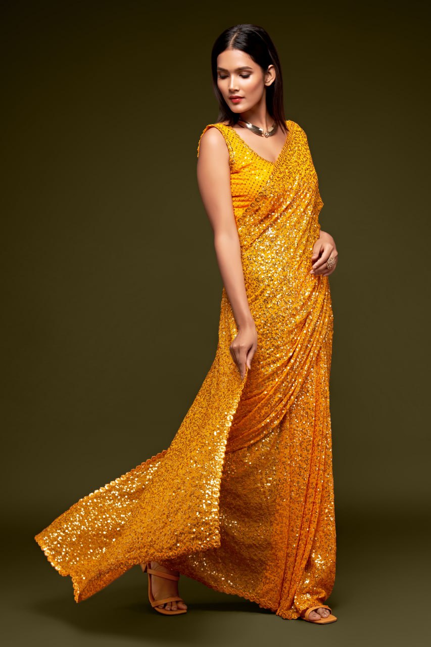 Yellow Color Sequined Georgette Party Wear Saree