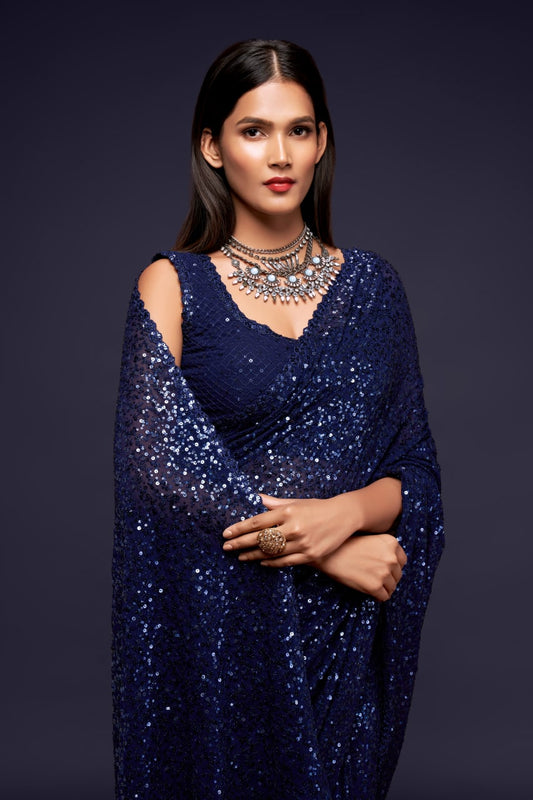 Navy Blue Color Sequined Georgette Party Wear Saree