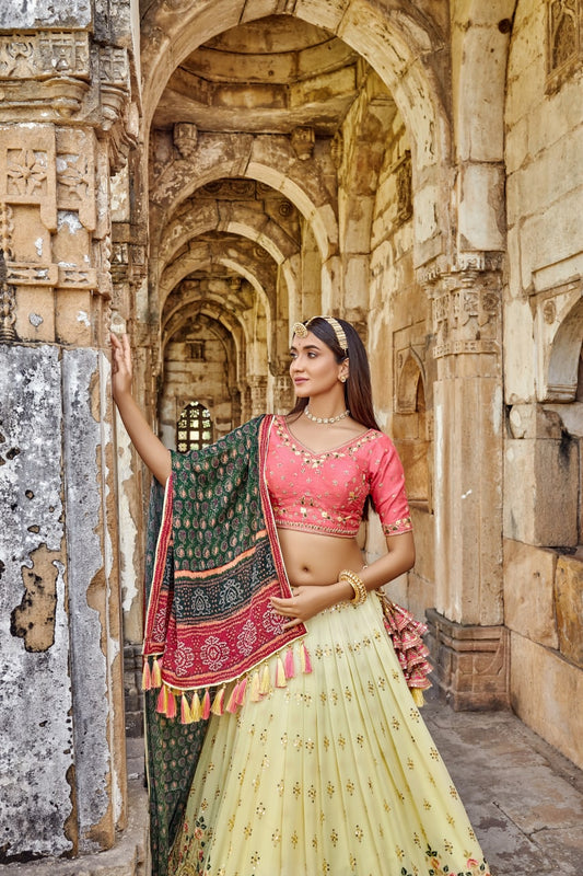 Yellow and Pink Color Heavy Embroidery Lehenga