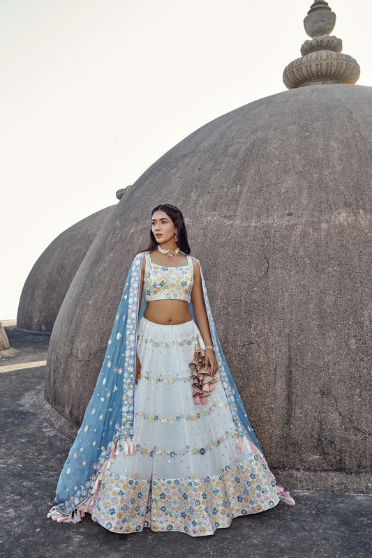White Color Heavy Sequins Embroidery Georgette Lehenga