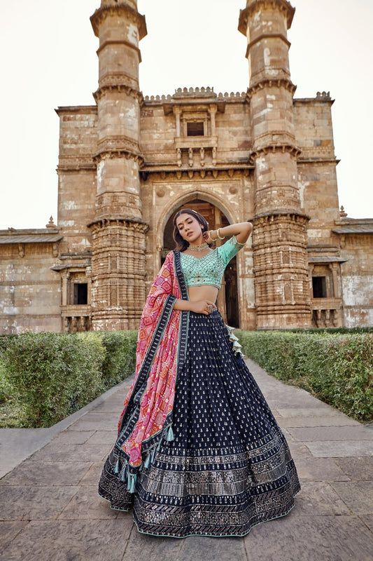 Blue and Green Color Beautiful Embroidery Lehenga