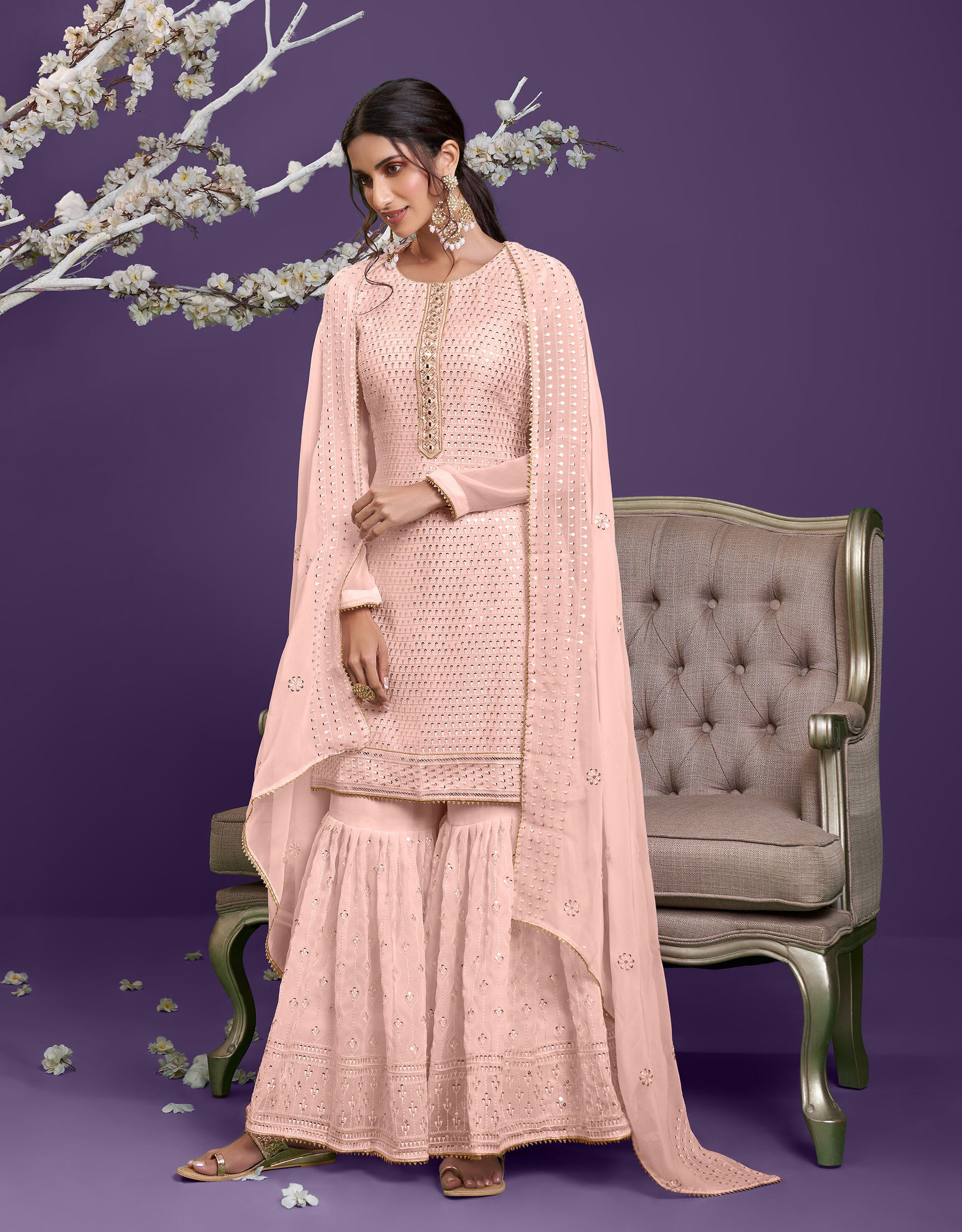 Peach Color Sequins Embroidered Georgette Sharara Suit