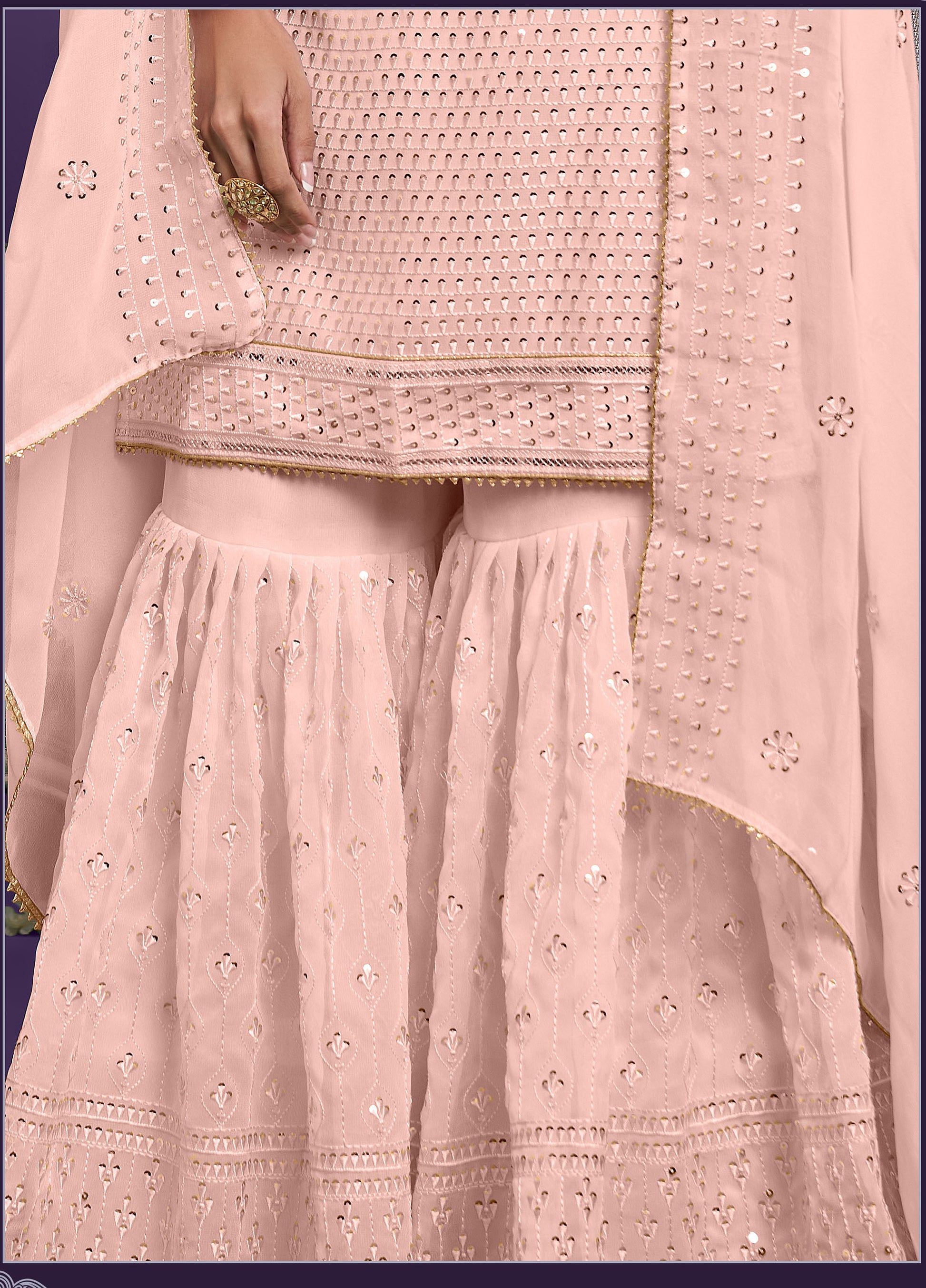 Peach Color Sequins Embroidered Georgette Sharara Suit