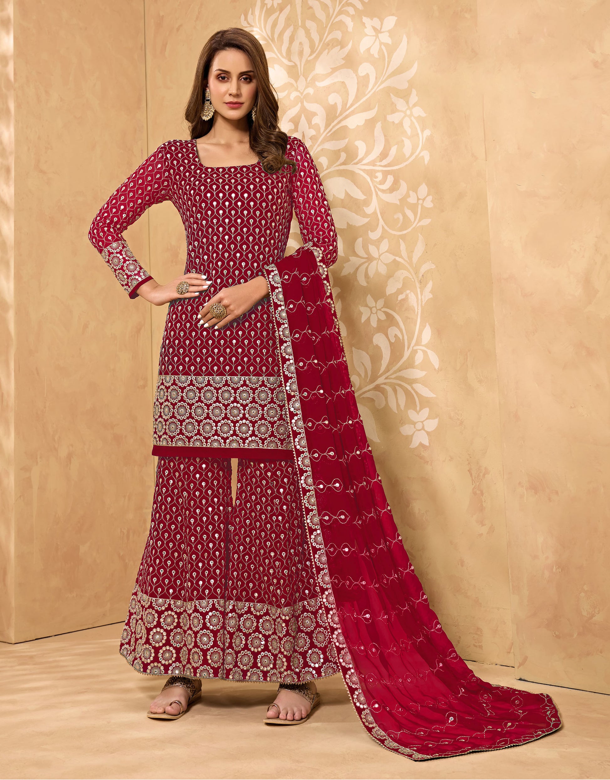 Red Color Mirror Embroidery Georgette Sharara