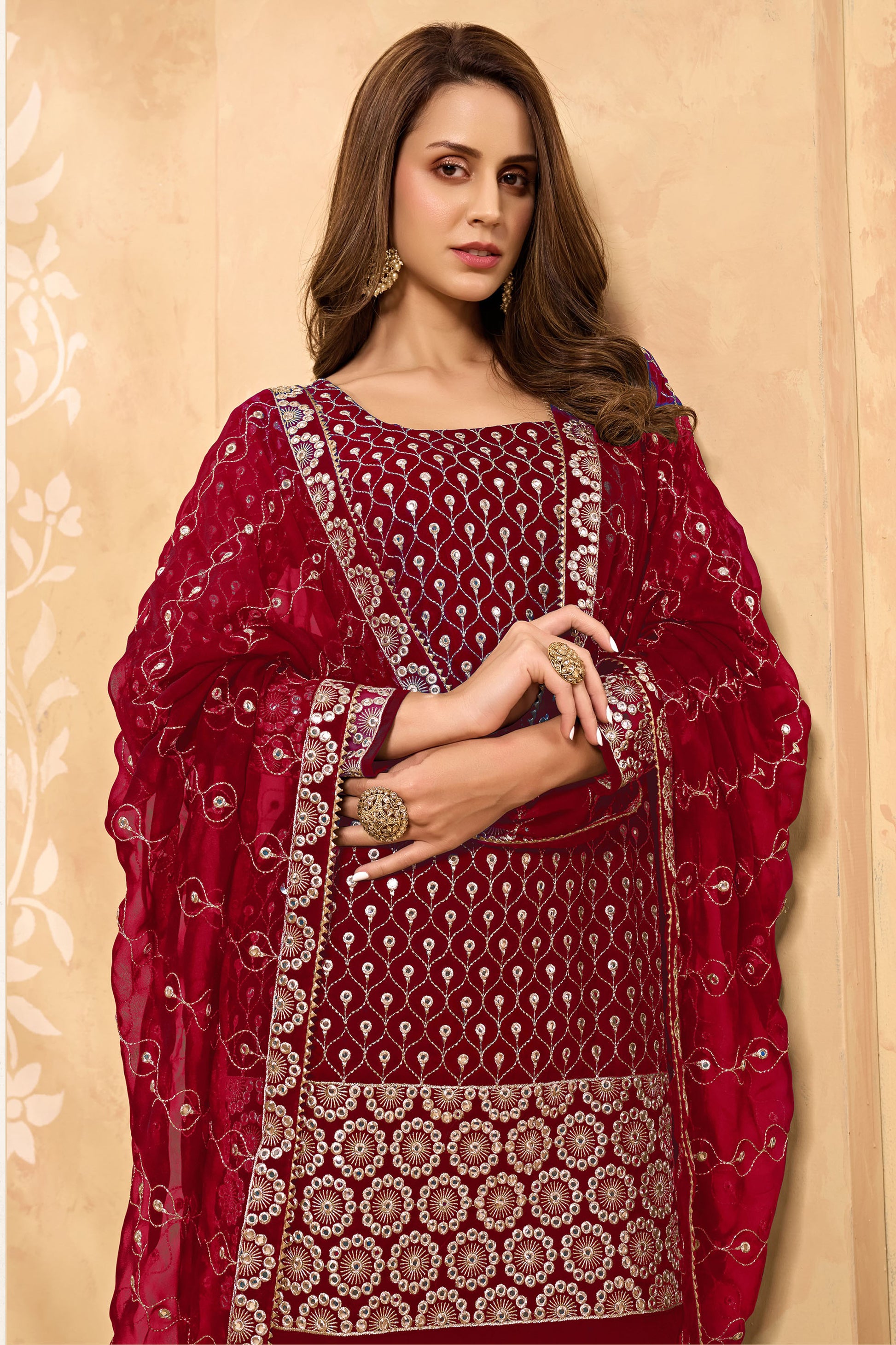 Red Color Mirror Embroidery Georgette Sharara