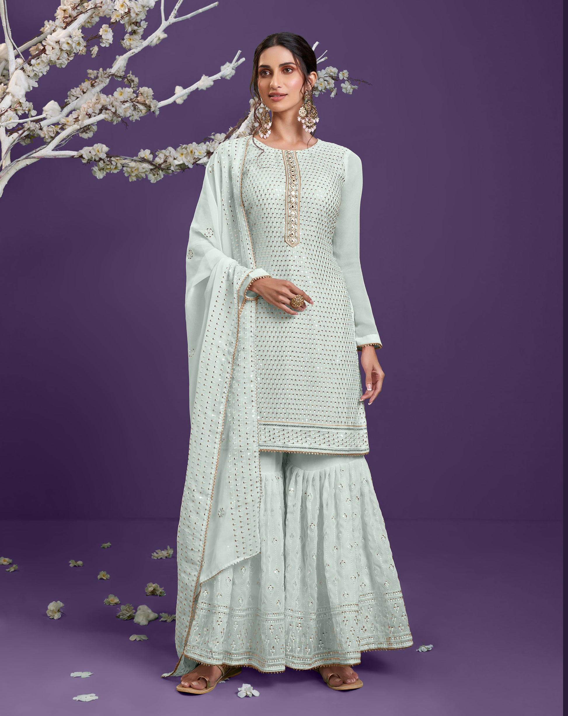 Sky Blue Color Sequins Embroidered Georgette Sharara Suit