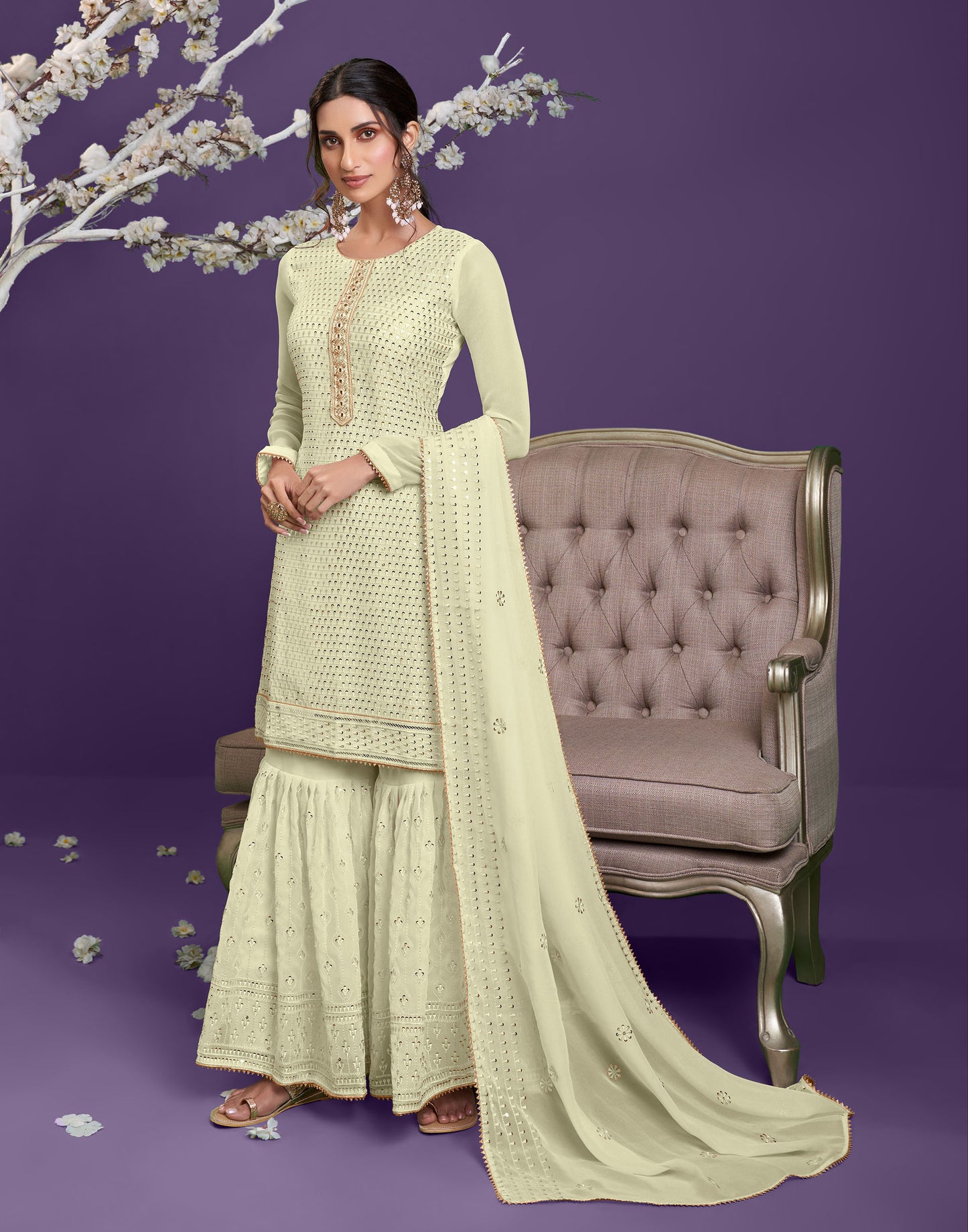 Light Yellow Sequins Embroidered Georgette Sharara