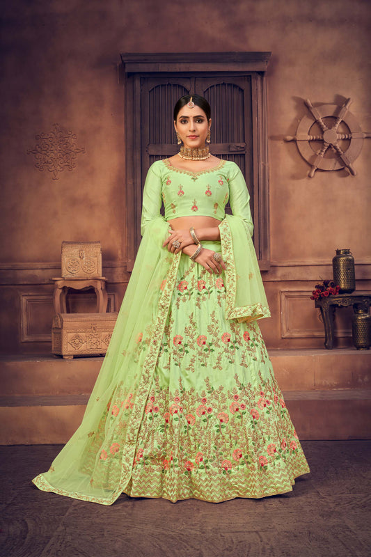 Light Green Color Embroidered Taffeta Silk Lehenga