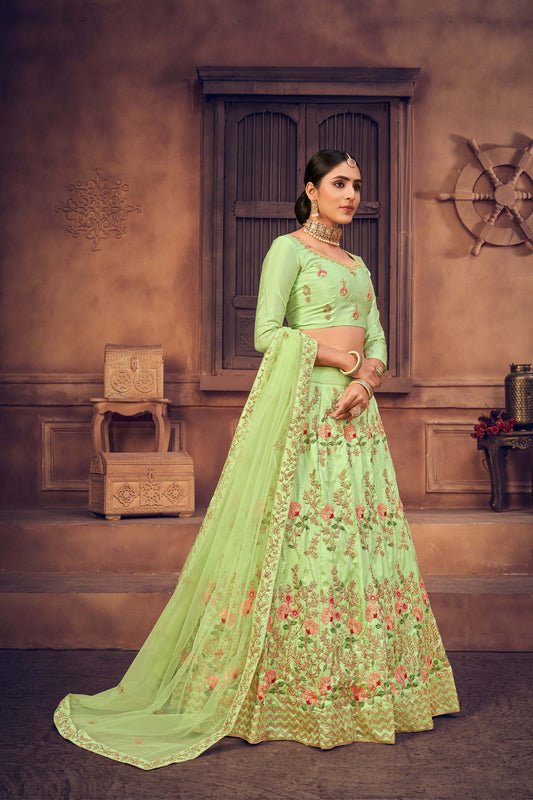 Light Green Color Embroidered Taffeta Silk Lehenga