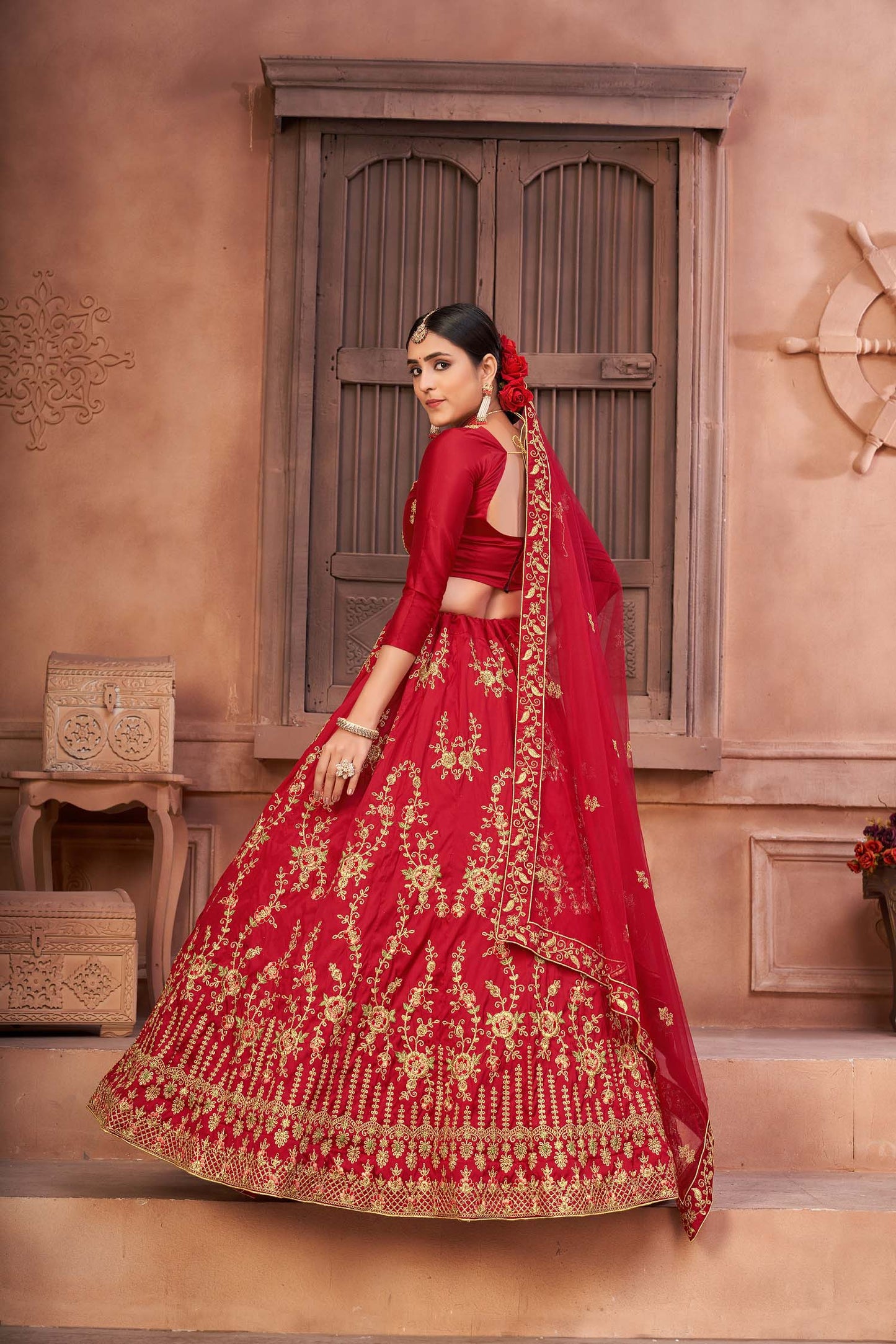 Red Color Embroidered Taffeta Silk Lehenga