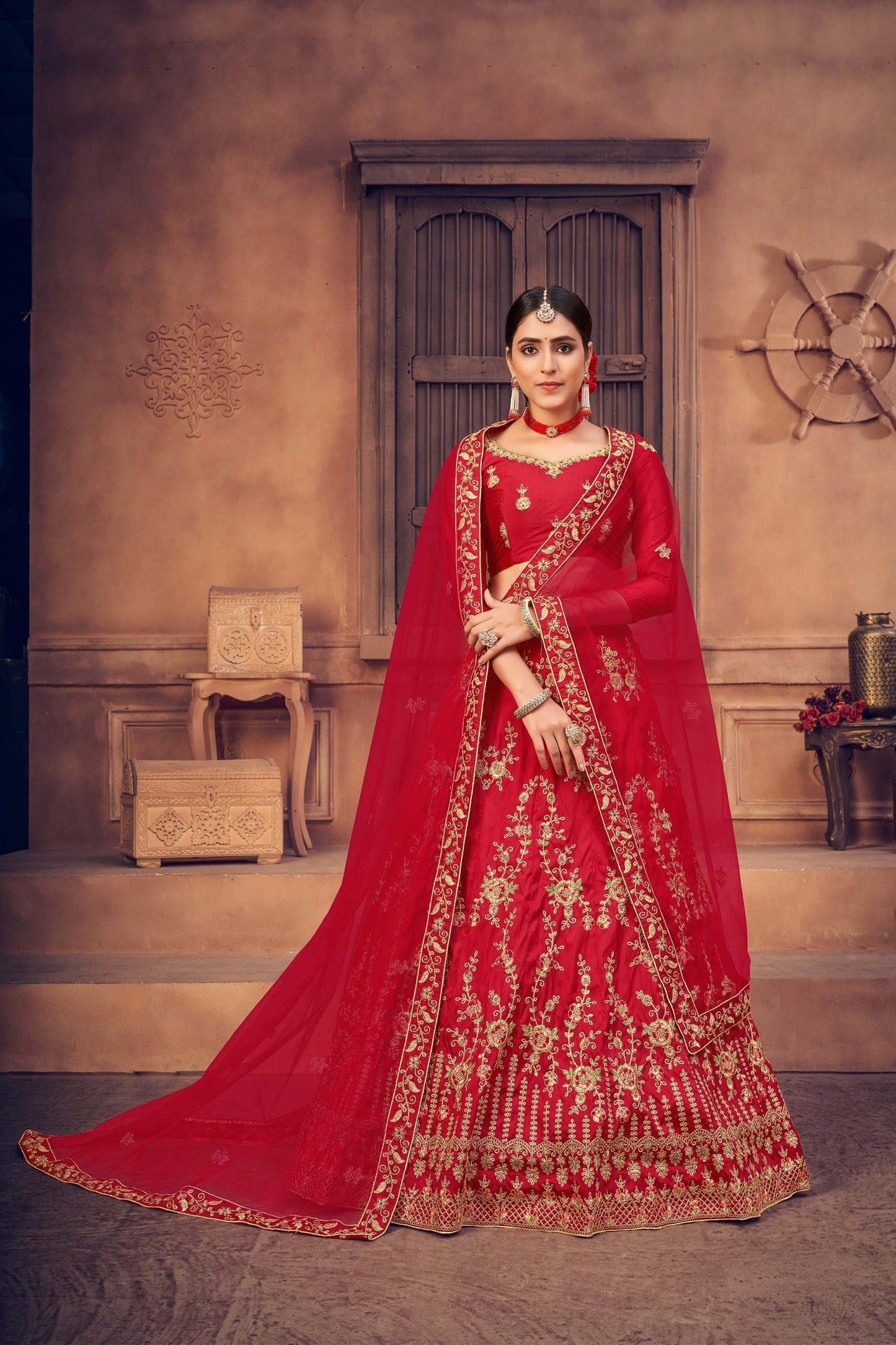 Red Color Embroidered Taffeta Silk Lehenga