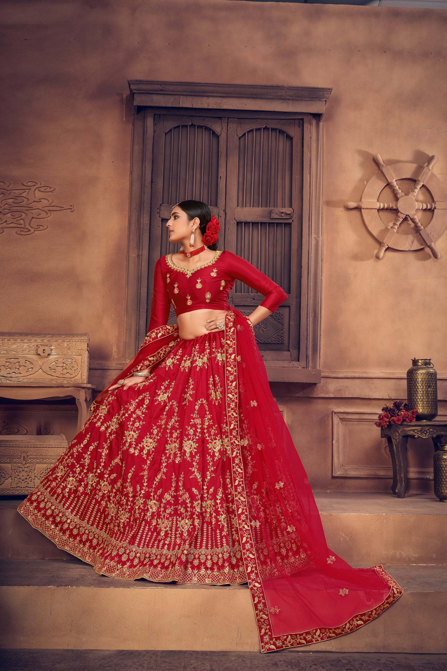 Red Color Embroidered Taffeta Silk Lehenga