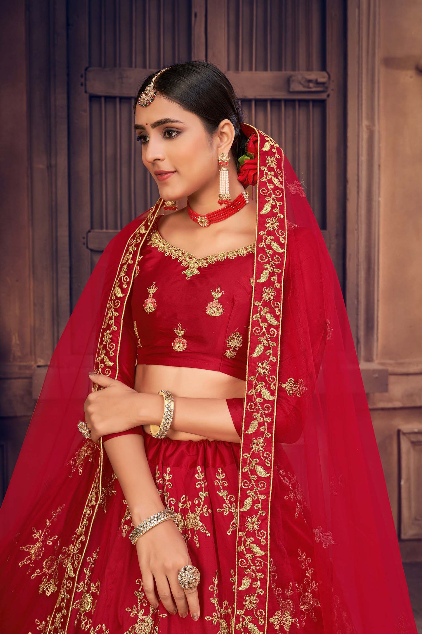 Red Color Embroidered Taffeta Silk Lehenga
